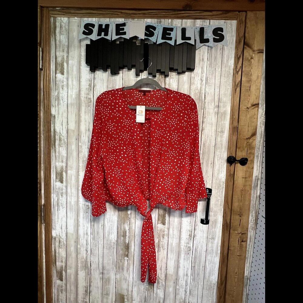 NWT Buckle L Red Sheer Shirt With White Polka Dots Front Tie‎